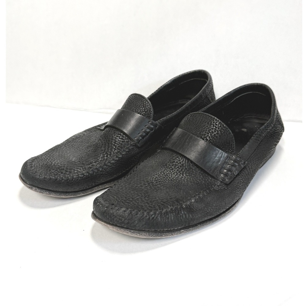 Santoni Mens Black Pebbled Leather‎ Penny Loafers US 10.5 Italian 9.5 Luxury